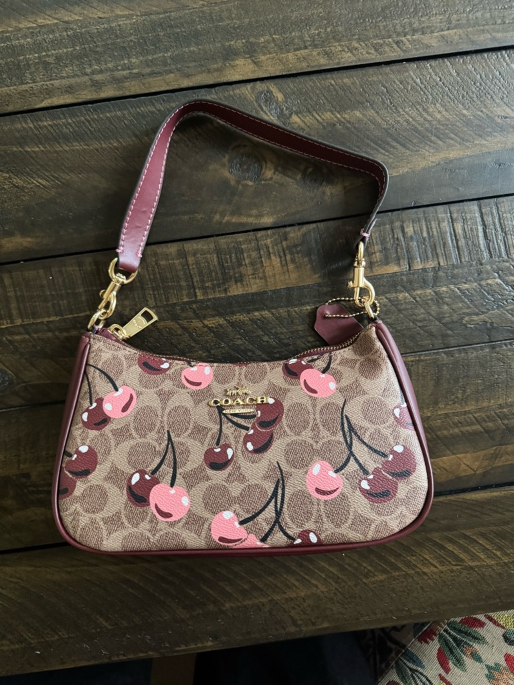 Coach Cherry Print Signature Canvas Shoulder Bag in Brown and Pink